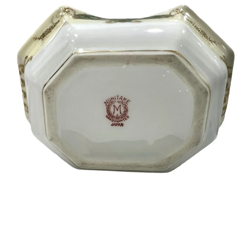 NORITAKE GREEN/GOLD/YELLOW HAND PAINTED PORCELAIN CERAMIC MINI BASKET